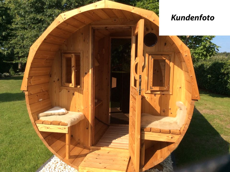 wellmia® Fasssauna Deluxe 400 cm - Gartensauna mit Veranda und Vorraum - Varianten möglich - Made in Europa - Saunafass Außensauna Fass Sauna Garten Fichte Outdoor Holzofen Elektroofen unbehandelt neu in Steinhagen