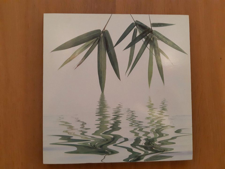 4 Holz-Bilder, grün/ schwarz, Natur: Bambus, Wasser, Stein, Blatt in Castrop-Rauxel