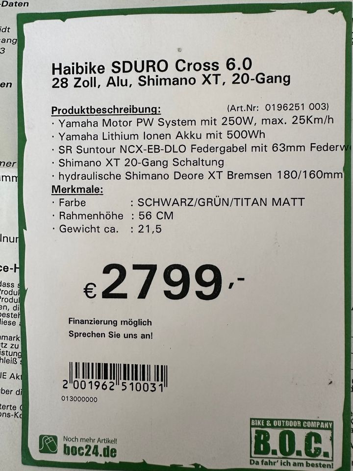 Haibike SDURO Cross 6.0 28Zoll Shimano 20 Gang Größe L in Bosau