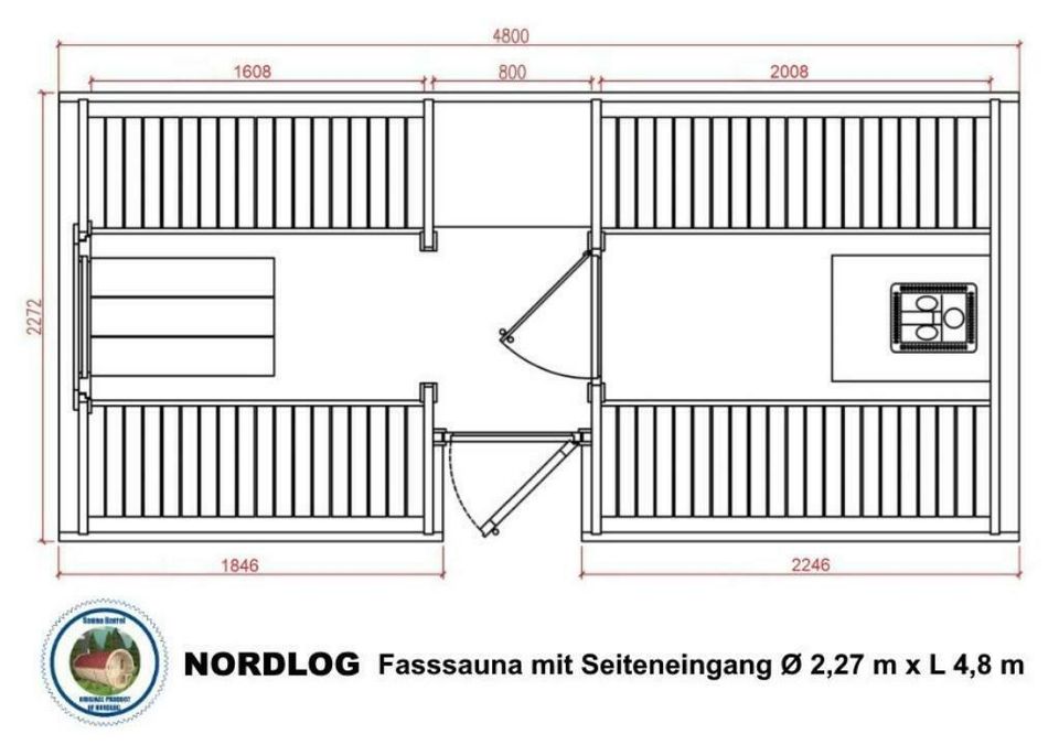 NordLog Fasssauna Ø 2,27 x L 4,8m Seiteneingang Gartensauna Sauna in München