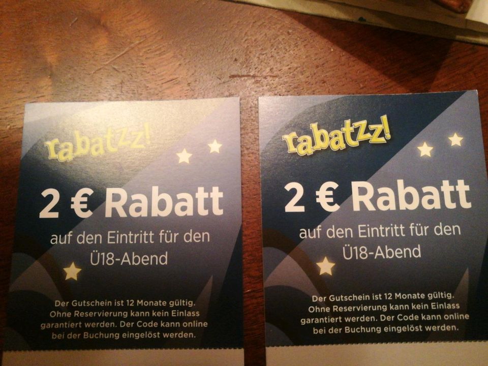 2 Stück Gutscheine je 2,00€ Rabattwert für Ü18-Abend im Rabatzz! in Bremen