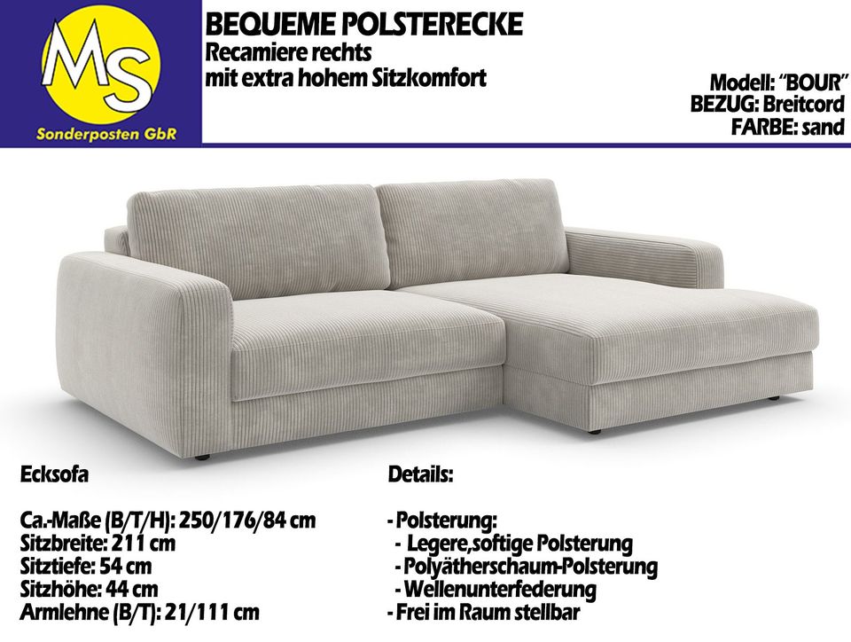 Sofa Couch Wohnlandschaft L Form Modern Breitcord beige in Mettingen