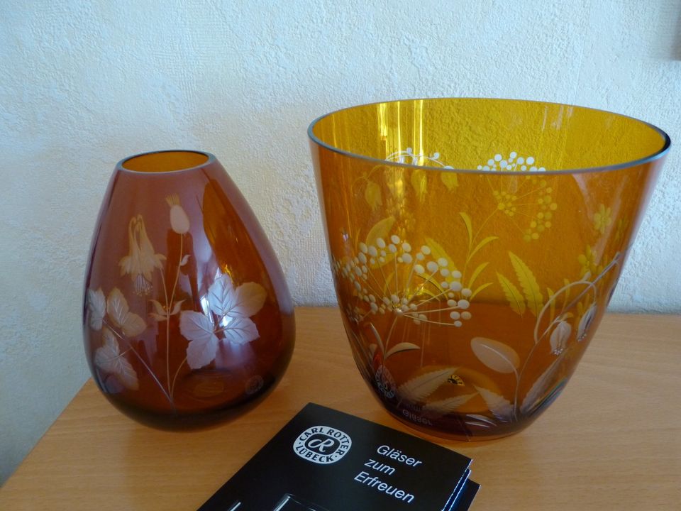 Carl Rotter Vase + Schale Glas bernstein Pflanzenmotive 80er in Griesheim