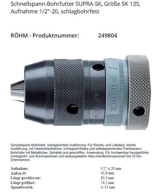 Röhm Schnellspann-Bohrfutter SUPRA-SK, Größe SK 13S, 1/2"-20 in Bitburg