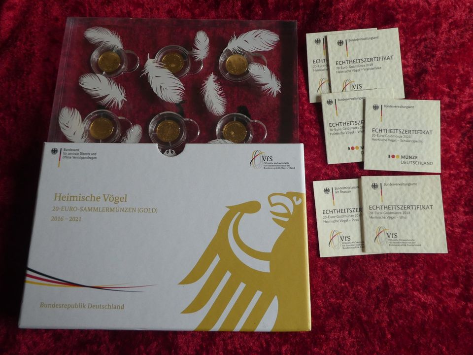 Kompl.Set 6x  20€ Goldmünzen Heimische Vögel 2016-21,OVP in Grevenbroich