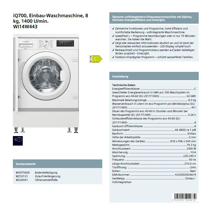 Siemens Einbau-Waschmaschine WI14W443 , 8 kg, 1400 U/min in München