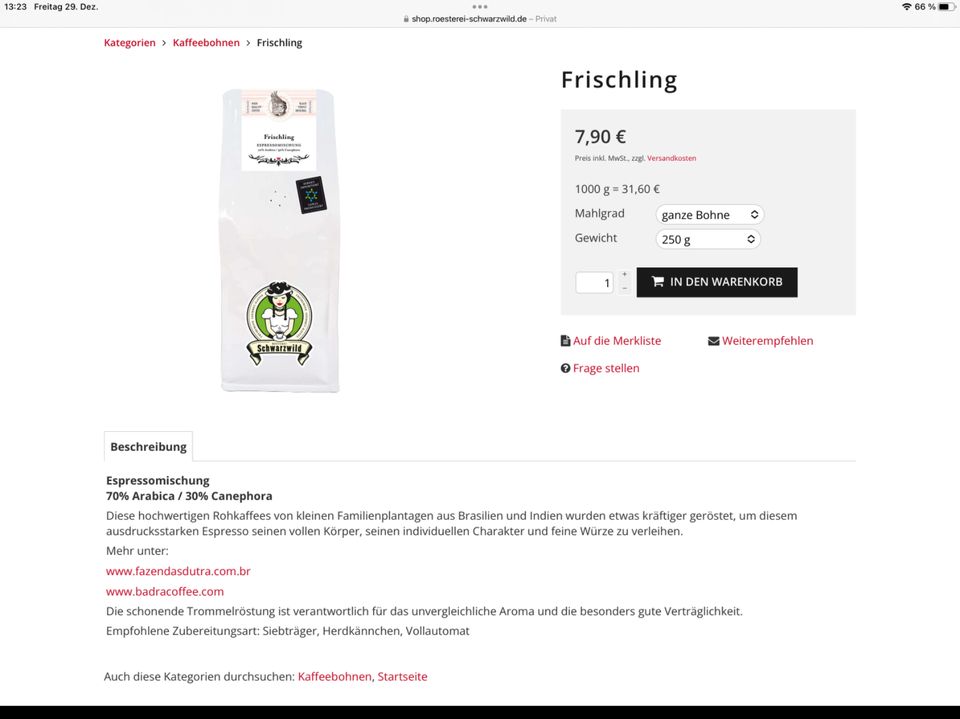 Schwarzwild Freiburg Espresso Frischling 250g ganze Bohne OVP in Müllheim