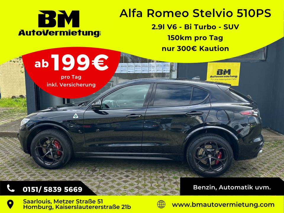 "Mieten Sie den ALFA Romeo Stelvio 510PS für Ihre Hochzeit - Sportwagen & Luxus SUV in Ihrer Nähe verfügbar! Poser Auto, laute Autos & sportliche Fahrzeuge mieten ohne Kreditkarte bei Top-Autovermietu in Saarbrücken