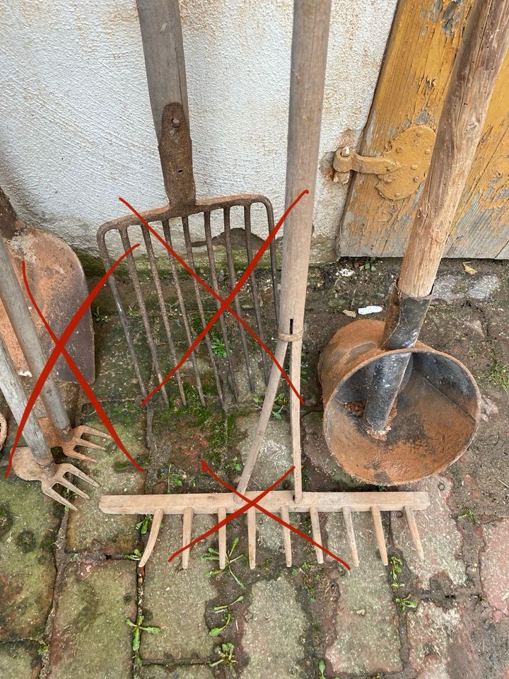altes Gartenwerkzeug (Spaten, Kohleeimer) in Kohren-Sahlis