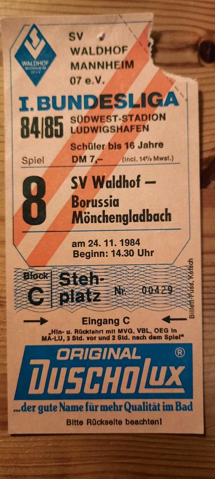 SV Waldhof-Borussia Mönchengladbach 24.11.1984 Eintrittskarte in Ludwigshafen