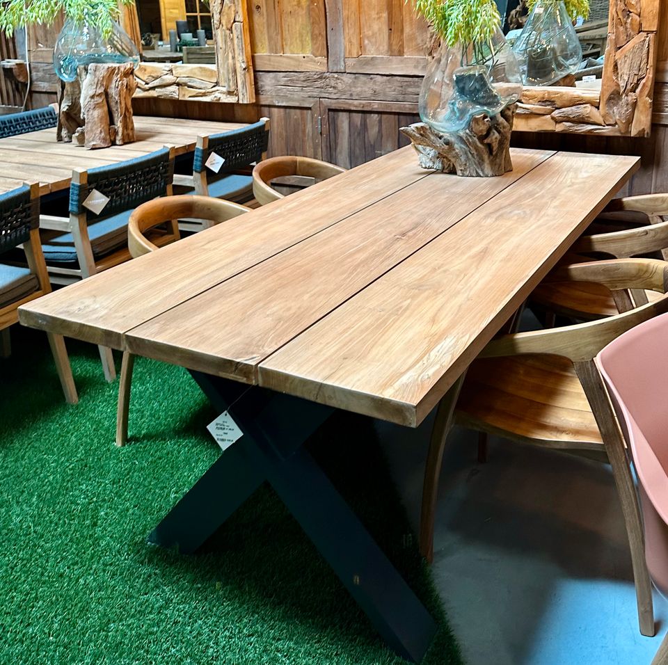 220 cm Gartentisch Teakholz mit X Gestell Set Alu NEU Teak Holz Massiv Gartenmöbel Garten Möbel Echtholz Tisch Outdoor Table Tuin Braun Aluminium Recheckig in Wermelskirchen