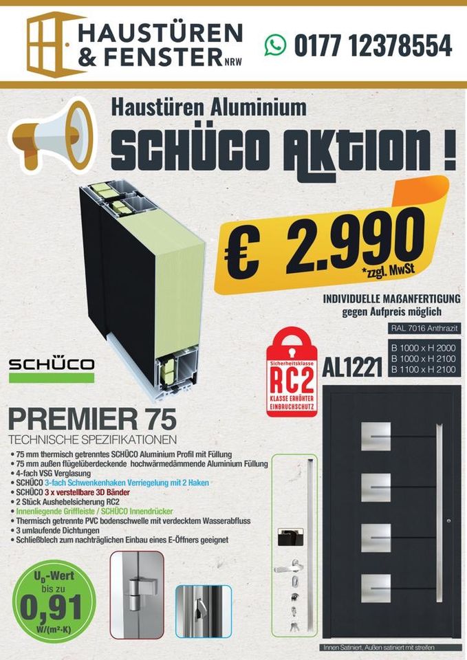 Haustüren ALUMINIUM-HAUSTÜRE SCHÜCO REDUZIERT 75MM AKTION RC2 in Jülich