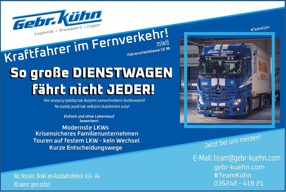 Hänger- und Sattelzugprofi´s / Kraftfahrer (m/w/d) gesucht CE95 in Nossen