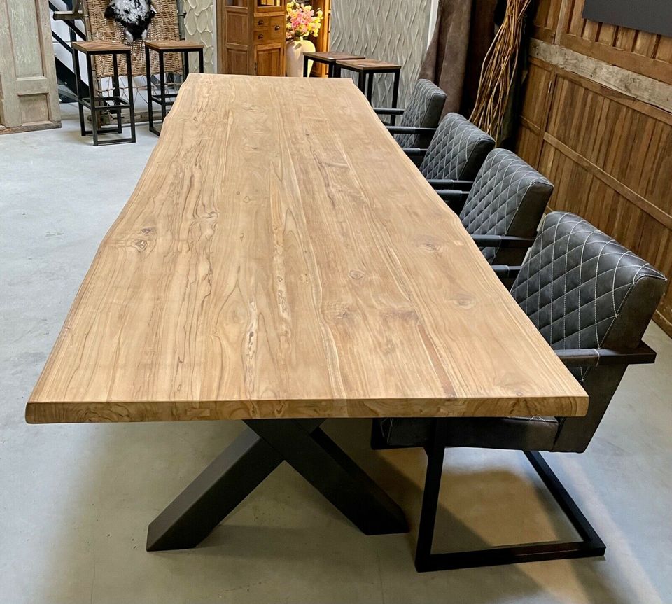 Esstisch 400 CM Teak Massiv Holz Tisch Teakholz Baumkante Gestell in Wermelskirchen