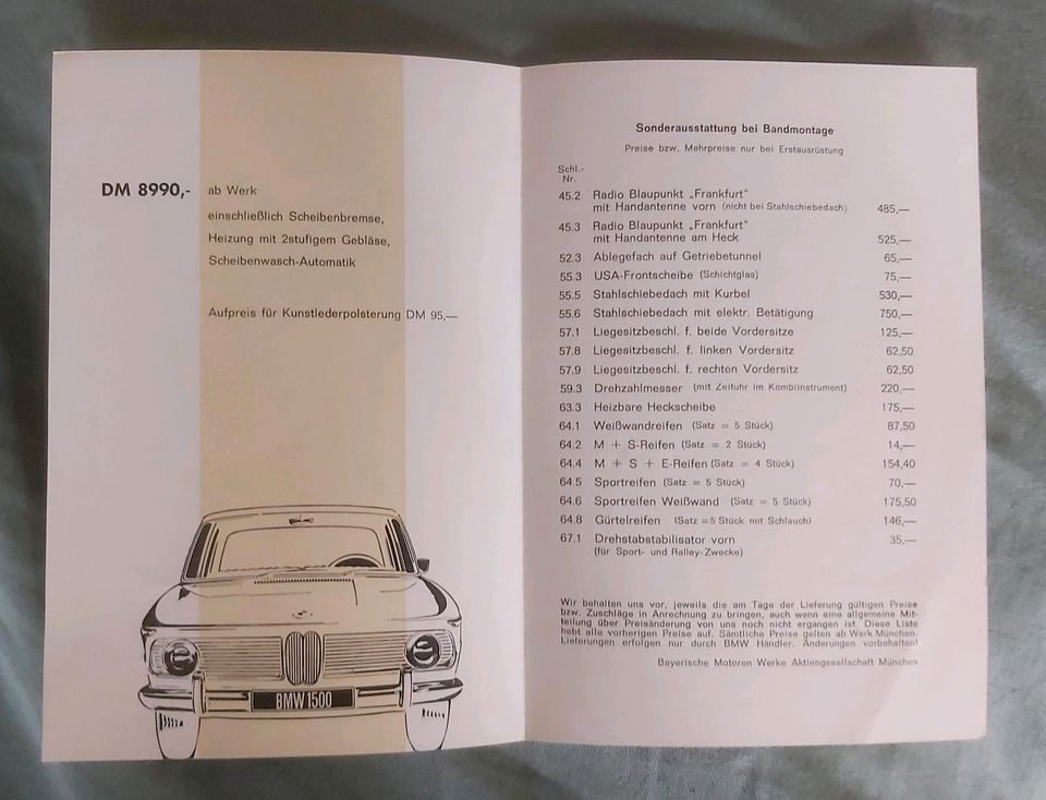Preisliste no Prospekt BMW 1500  Die neue Klasse  1964 in Hildesheim