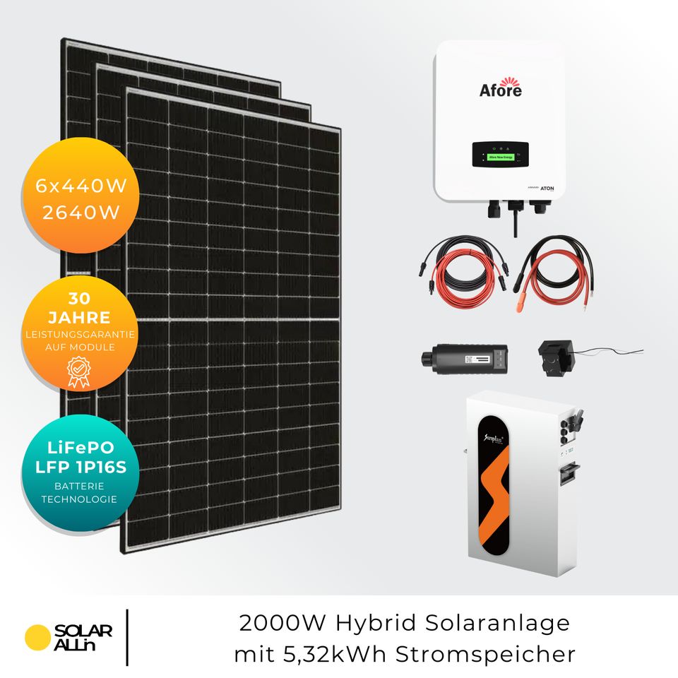 SOLAR ALLin Balkonkraftwerk Mit Speicher 5kWh | 6x JA Solar Bifazial Module 2640Wp | Afore Hybrid Wechselrichter 2000W | App & WiFi in Würselen