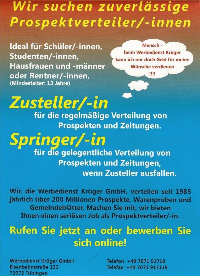 Prospektverteiler:innen für die PLZ 72127 Kusterdingen gesucht! in Kusterdingen