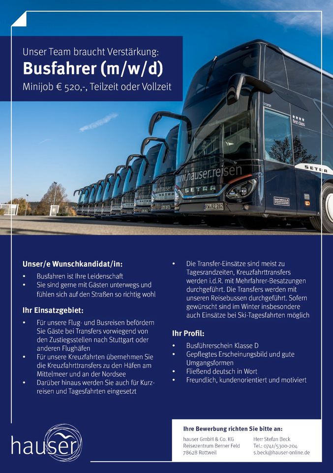 Busfahrer (m/w/d) Vollzeit | Teilzeit | Minijob in Rottweil