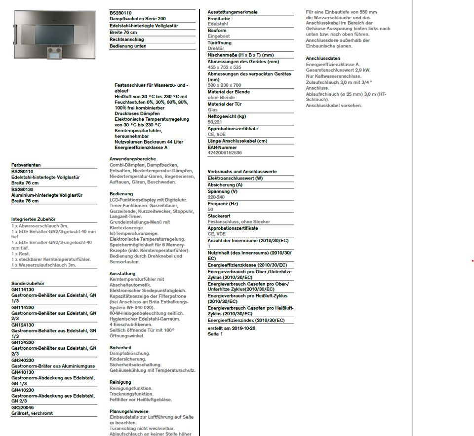 Gaggenau Dampfbackofen BS280110 Serie 200 in München