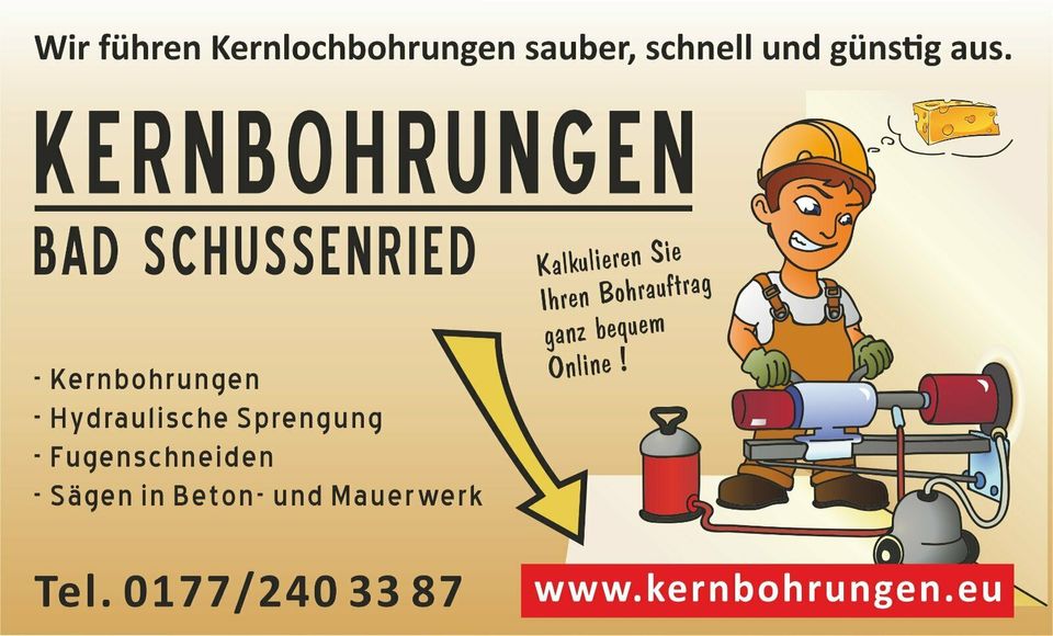Kernbohrung - Deckendurchbrüche - Wandsägen - Fugenschneiden in Bad Schussenried