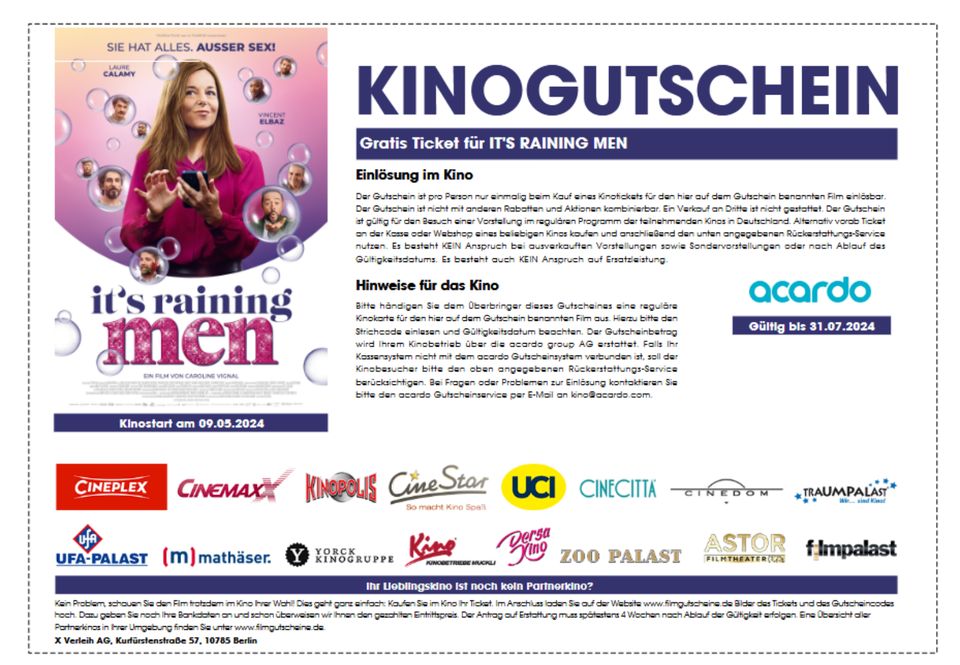 ⭐ 2x Kinoticket Gutschein Kino Film IT'S RAINING MEN 2024 in Remscheid