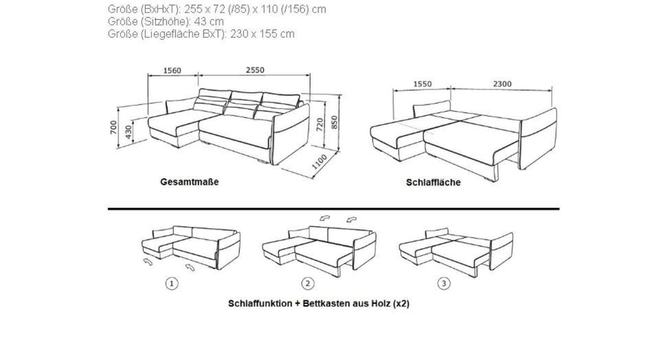 ECKSOFA MIT SCHLAFFUNKTION FEDERKERN BETTKASTEN HOLZ NEU in München