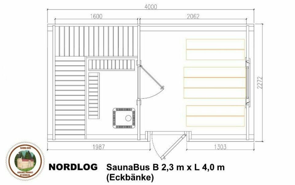 LUXURY NordLog SAUNA BUS 2,3 x 4,0m /Eckbänke/ GARTENSAUNA in Weil der Stadt