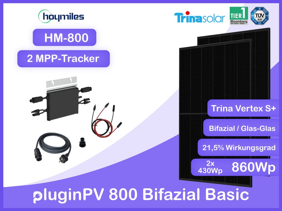 Balkonkraftwerk 800W / 860Wp ✅ Bifazial / Glas-Glas ✅ Hoymiles HM-800 Wechselrichter & Trina Vertex S+ 860 Watt Peak (je 430Wp) ✅ Komplettpaket optional mit Halterung in Moosinning