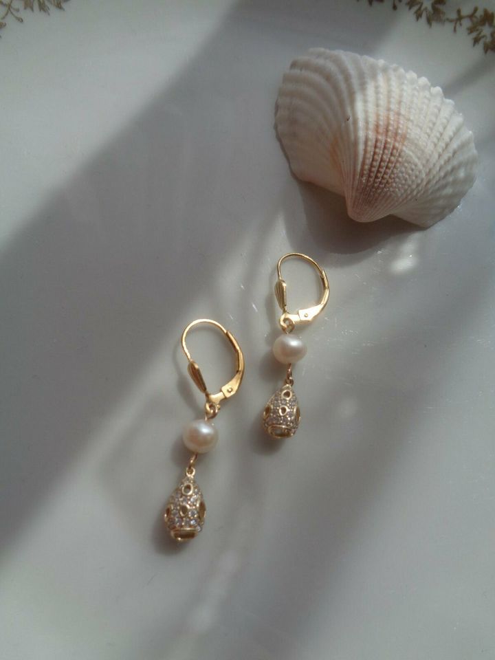 Gold Ohrringe mit Perlen und Tropfen, 585 Gold Filled in Wittenberg