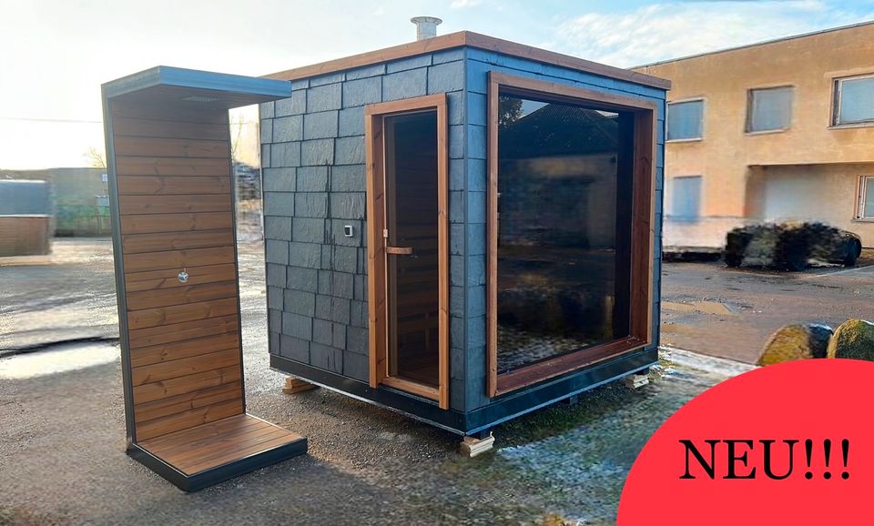 Sauna mit Panorama Ofen Schiefer Thermo Dusche in Luckenwalde