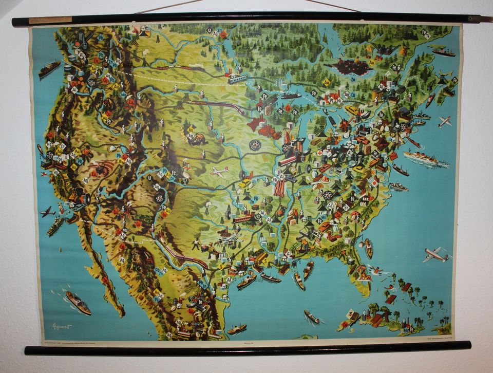 USA Bergbau und Industrie, Historische Karte, ca. 1950, 120x90 cm in Lenningen