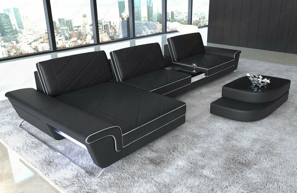 Designer Ecksofa Bari Leder L Form LED USB Couch Schwarz Sofa in Berlin