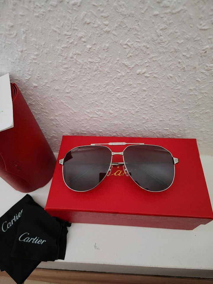 Cartier, Sonnenbrille, Pilotenbrille, Schwarz + Silber in Wächtersbach