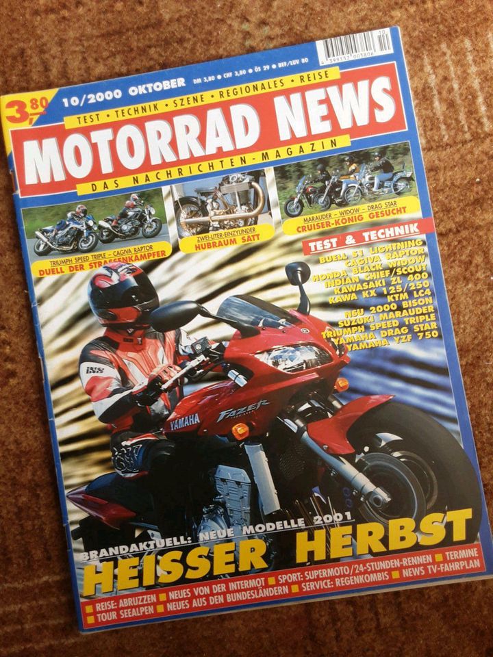 Motorrad News Zeitung 10/00 Cagiva Raptor Triumph Speed Triple KX in Striegistal