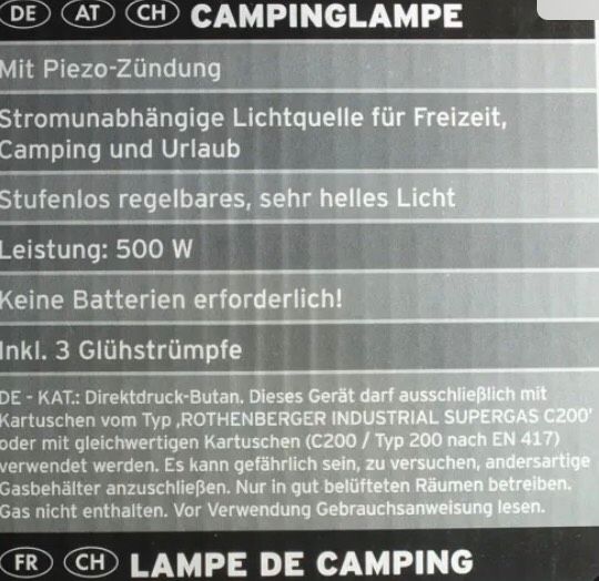 Camping Gaslampe 3 Glühstrümpfe Laterne Leuchte Propan Gas in Hamburg