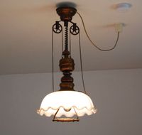 Lampe Pendelleuchte, Kupfer, Holz, Glas, Metallkette, D. ca. 42cm Nordrhein-Westfalen - Kamen Vorschau
