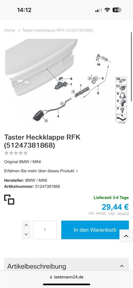 Taster Griff Heckklappe NEU BMW 5er G30 G31 RFK Kamera