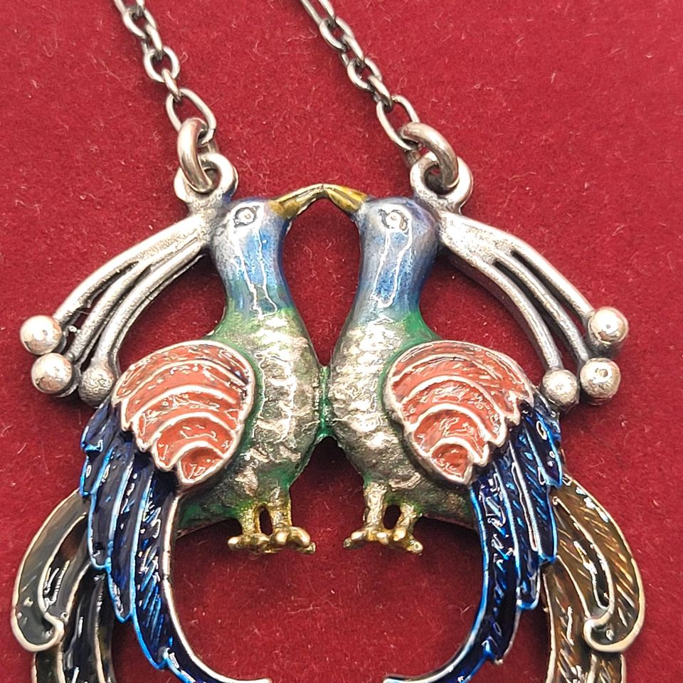 ❤Antikes Art Deco Collier aus 835er silber Pfaun Motiv Emaille in Essen