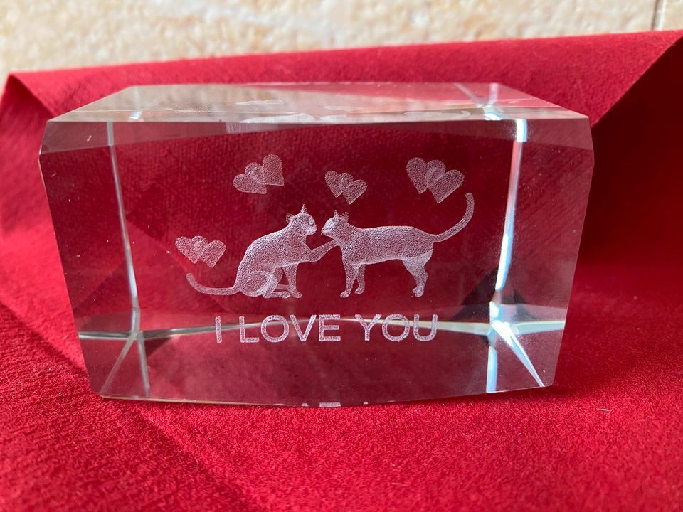 Glas Deko 3 D Katzen I love you Liebe Valentinstag Katze Herz in Hartha