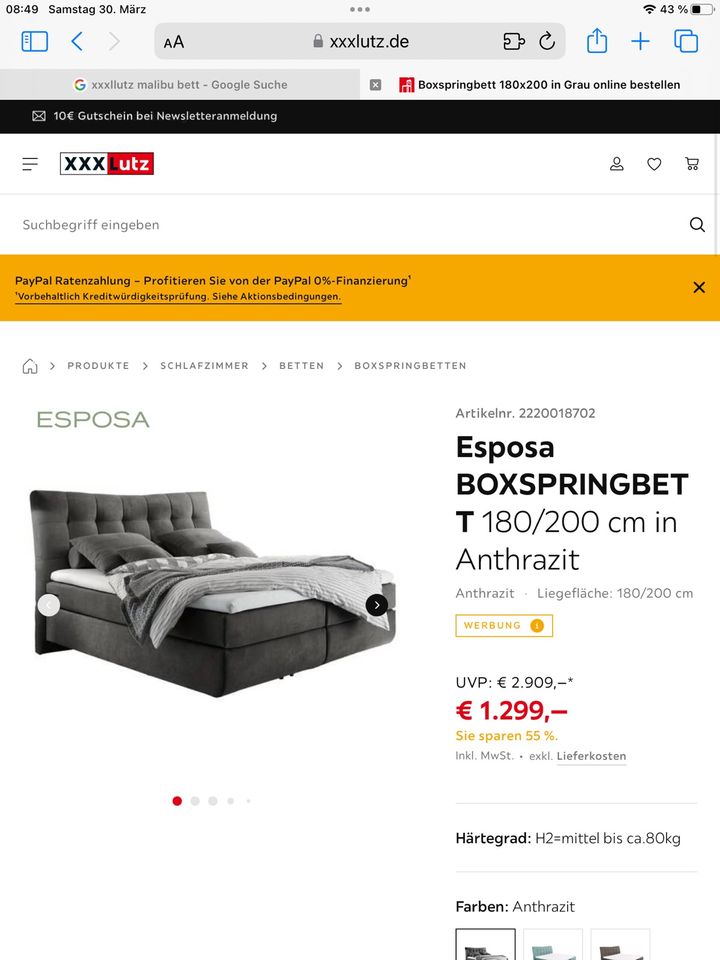 Boxspringbett ohne Matratze. Mit topper. Dringend wegen Platz weg in Karlshuld