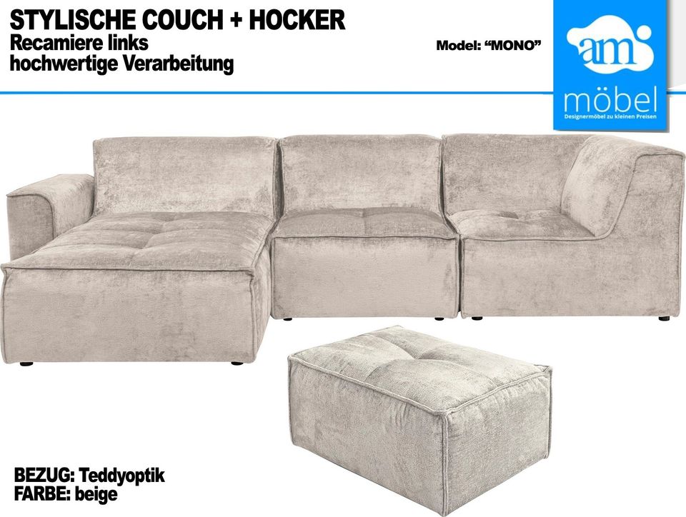 Sofa Couch Wohnlandschaft L Form + Hocker Teddyoptik beige in Bremen