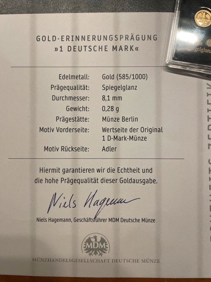 1 Deutsche Mark 2001 Gold-Erinnerungsprägung in Heusenstamm