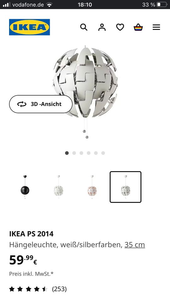 Ikea PS Hängeleuchte, Lampe, Kugel weiß Silber in Bad Driburg