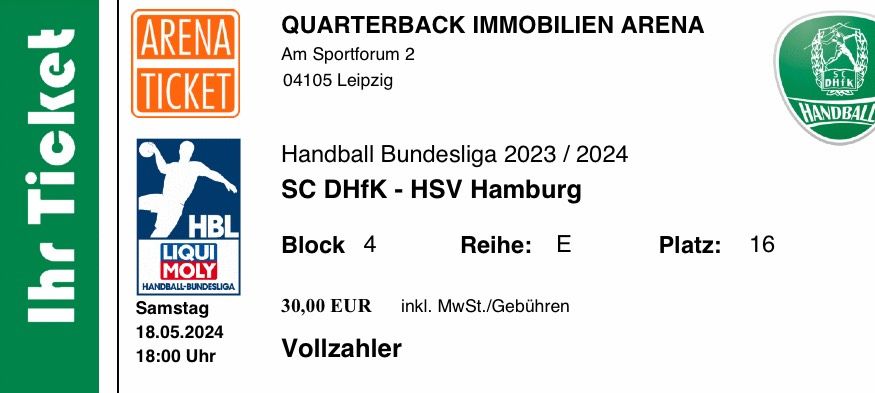 Verkaufe 2 Karten DHFK - HSV Handball Bundesliga in Leipzig