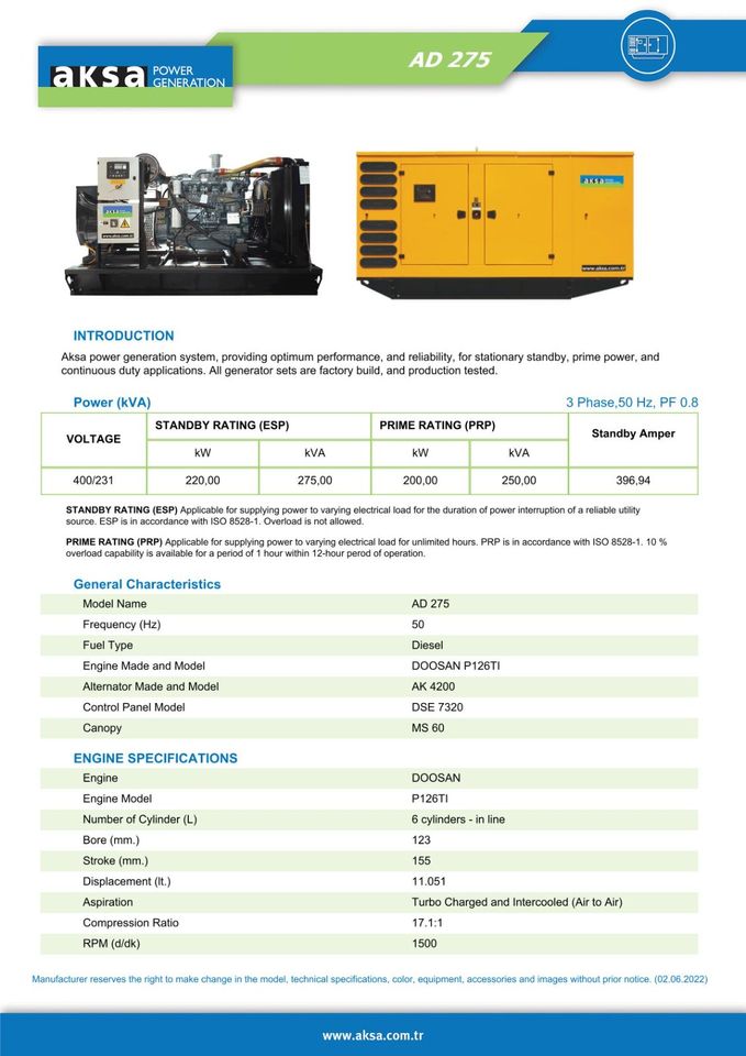 6x Aksa Doosan Diesel 275 kVA Stamford Generator Notstromaggregat in Tanne