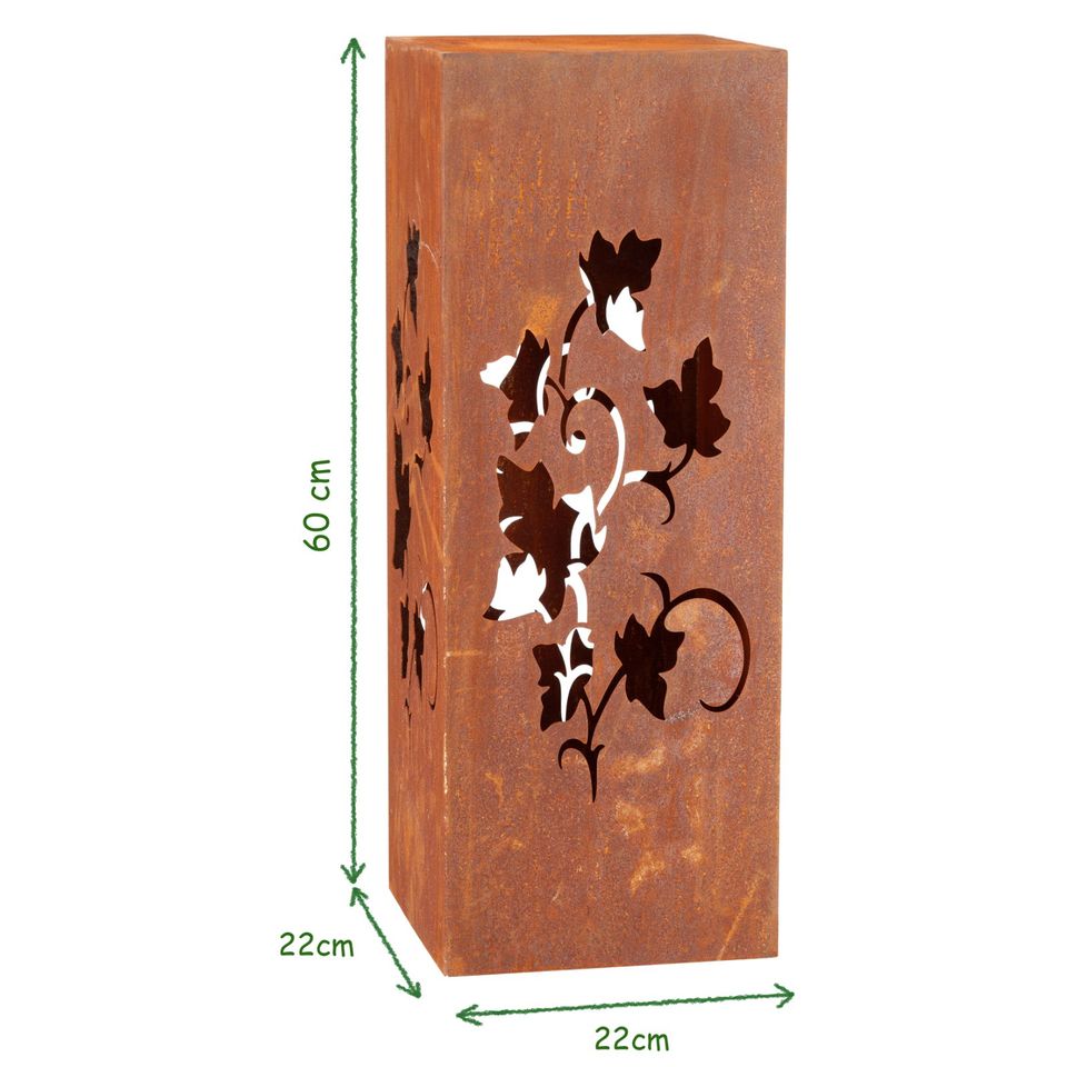 Dekosäule Lichtobjekt quadratisch aus Metall mit Edelrost 22x60cm in Eime