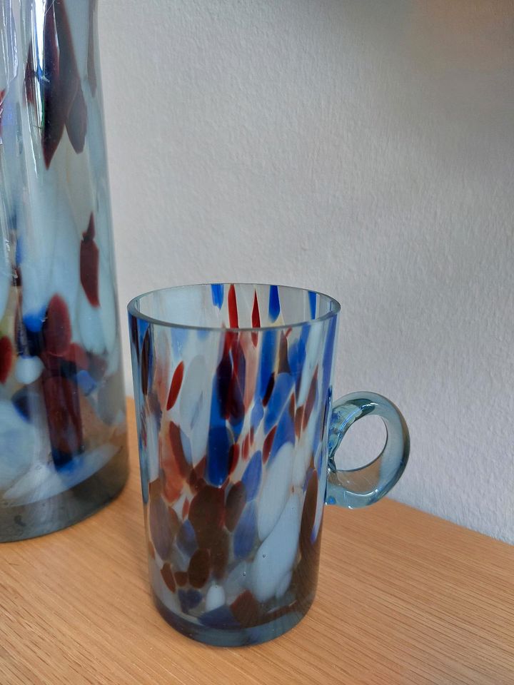 Set Vintage Glaskanne Glaskrug mit 6 Gläsern Blau Weiß Perlmutt in Dresden
