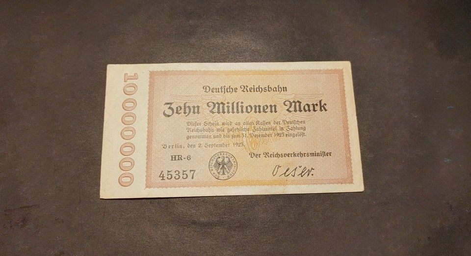 10 Millionen Mark Geldschein Banknote Deutsche Reichsbahn 1923 in Babenhausen