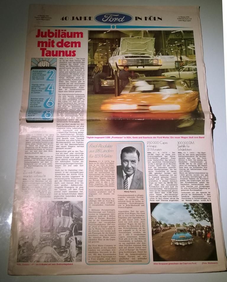 "40 Jahre Ford in Köln"-Jubiläumszeitung, u.a. mit Capri 1 in Neustadt an der Weinstraße