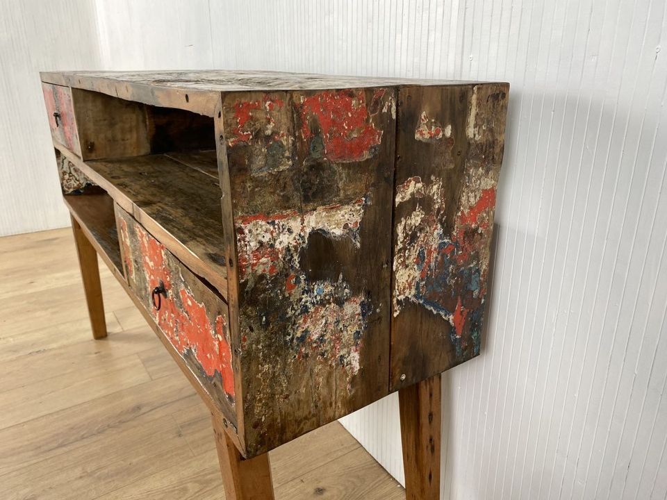 Boatwood by WMK # Besondere Konsole aus altem Bootsholz mit Schubladen, ein handgefertigtes Unikat aus massivem Teakholz # Kommode Sideboard Schrank Garderobe Flurkommode Ablage Industrial Upcycling in Berlin